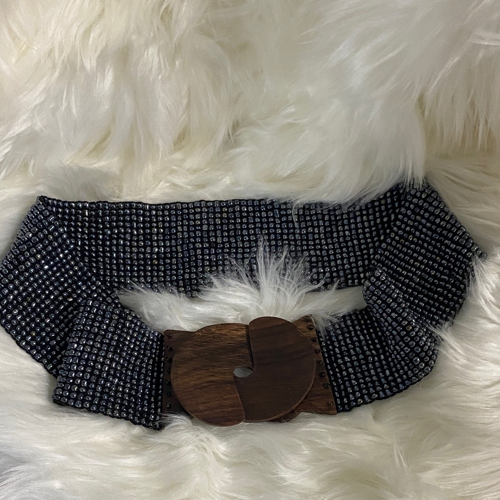 Wide Black Beaded Elastic Waist Belt with Wooden Buckle